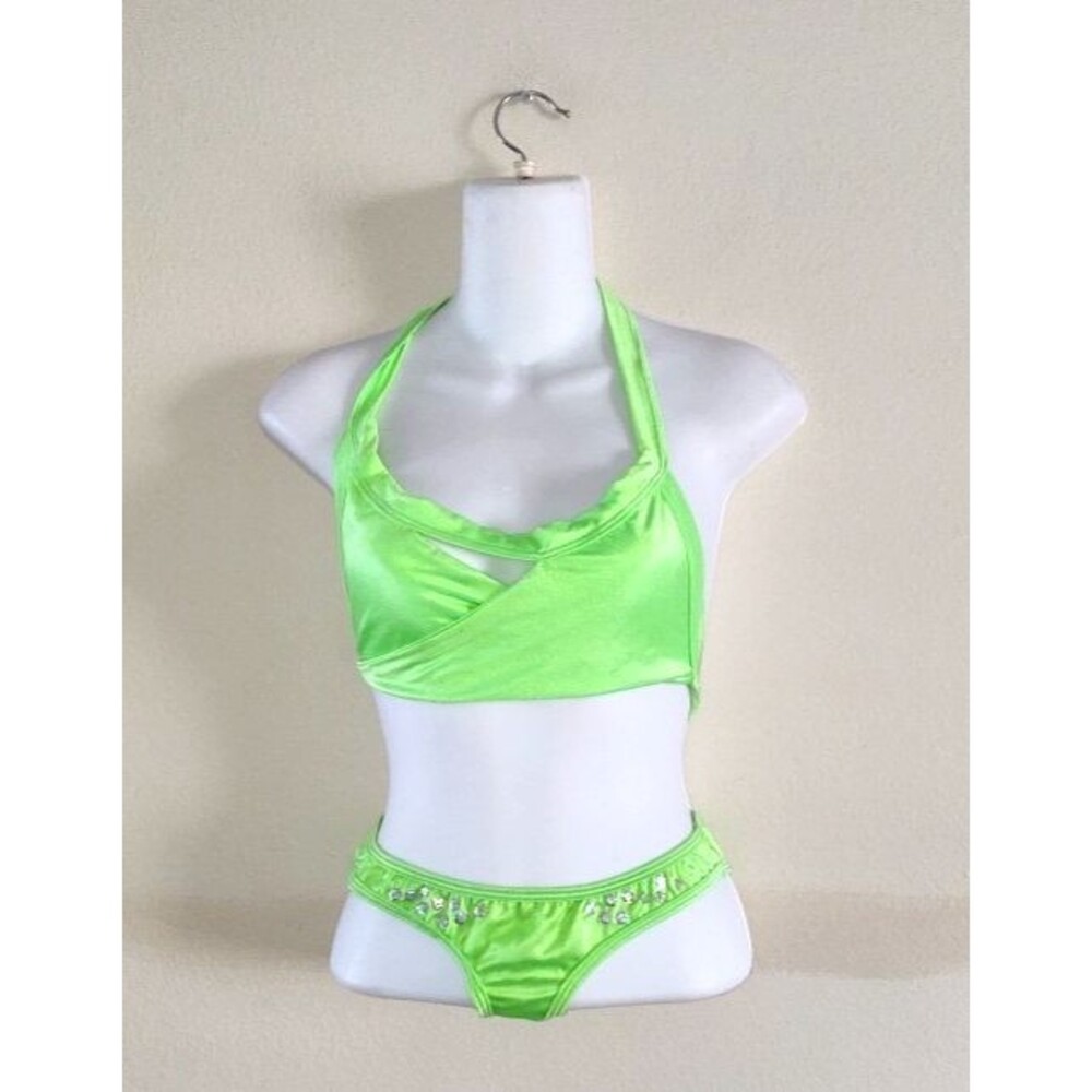 2 pc Women's Body Zone Neon Green Dance Wear w Sequins One Size ( Size XS / S )